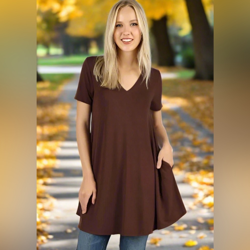 S/L NEW Womens Brown Pocket Shift Dress, Short Sleeve Dress